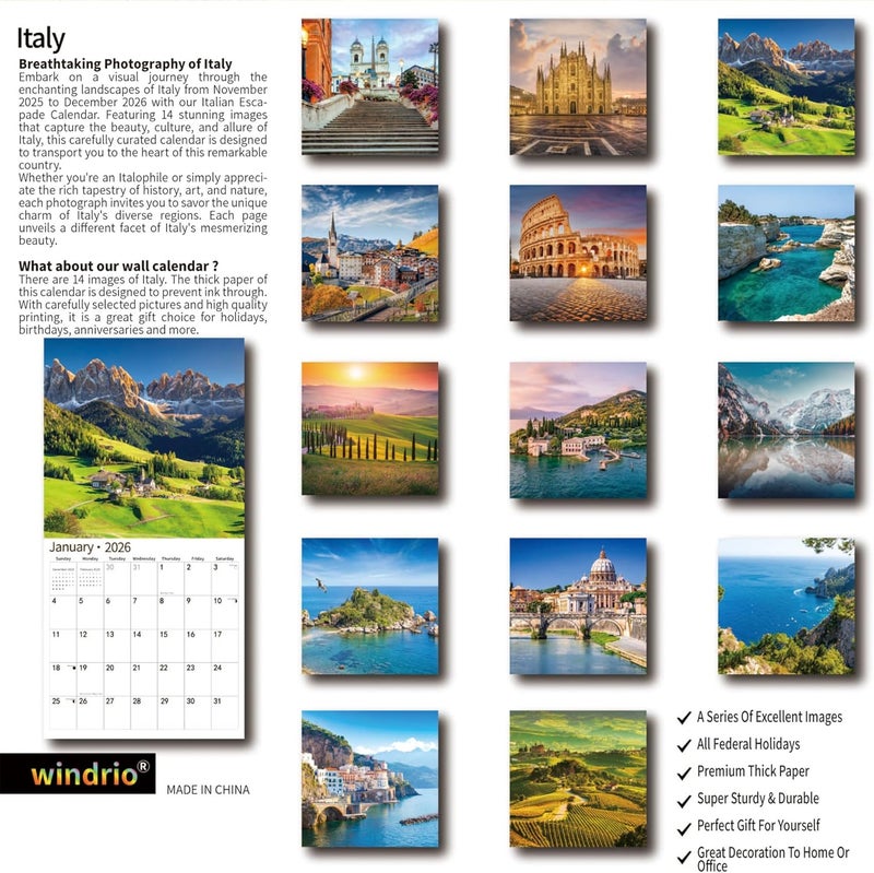 windrio 2026 Wall Calendar,Calendar 2026, November 2025 - December 2026, Wall Calendar Italy, 12" x 24" Opened,Full Page Months Thick & Sturdy Paper for Calendar Organizing & Planning - Image 2